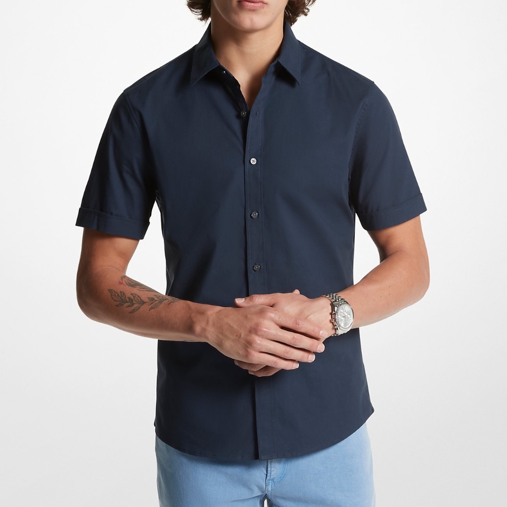 Michael Kors Nagy Blue Trim Stretch short-sleeve button-down shirt